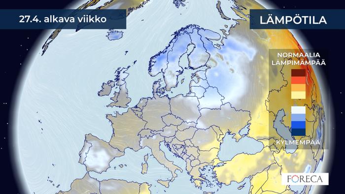 Sää on kuukausiennusteen mukaan vappuviikolla tavanomaista viileämpää Suomessa.