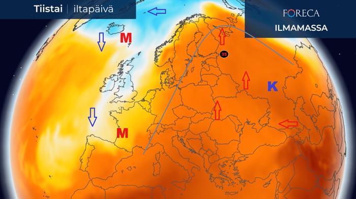 Ensi viikon alkupuolella Venäjällä olevan laajan korkeapaineen länsipuolitse virtaa erittäin lämmintä ilmaa kohti Suomea. Kartalla näkyvä harmaa viiva kuvastaa suihkuvirtauksen reittiä alkupuolella. Sen eteläpuolella on erittäin kuumaa ilmaa, josta myös Suomi saa osansa. Suomen kaakkoisosaa viistävät jopa 35 asteen helteet. Näin korkeat lämpötilat ovat ennätyksellisen korkeita.