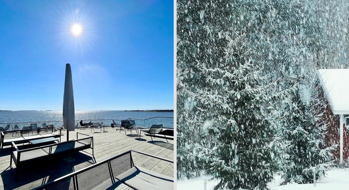 Aurinkoa ja pyryä Aurinkoa ja lumipyryä.