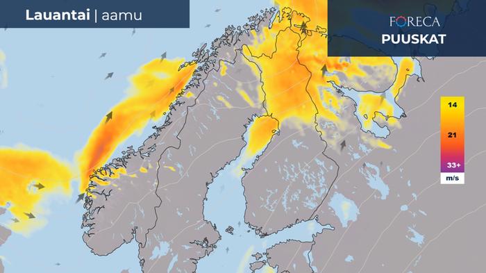 Lauantaina aamulla kovia puuskia on vielä Lapissa, mutta tuuli heikkenee sielläkin etelästä alkaen.
