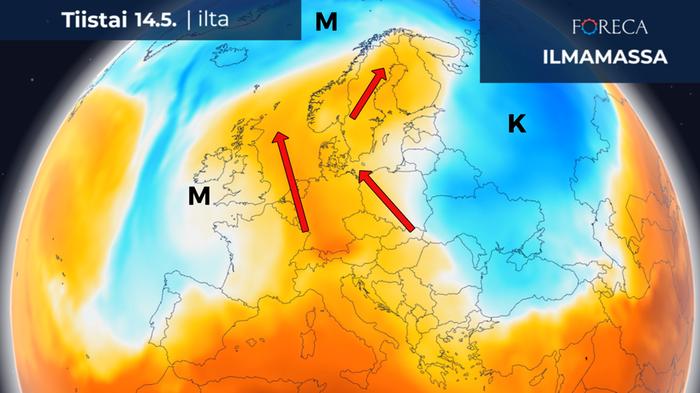 Lämmin säätilanne Itä-Euroopan korkeapaineen reunamilla Fennoskandiaan virtaa lämmintä ilmaa etelästä.