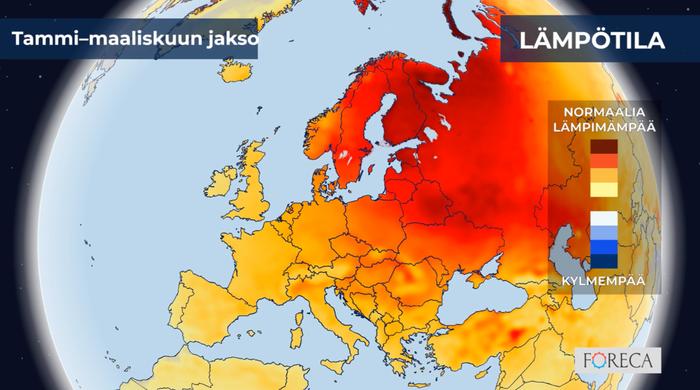 ECMWF:n ennuste lämpötilojen poikkeamista tammi–maaliskuulle 2026 Eurooppaan. ECMWF:n ennuste lämpötilojen poikkeamista tammi–maaliskuulle 2026 Eurooppaan.