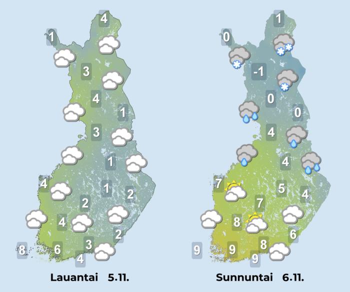 Lauantaina päivällä sateet jäävät vielä vähiin, mutta illalla lounaasta leviää sateita. Sunnuntaina iltapäivällä vettä ja lunta satelee etenkin pohjoisessa.