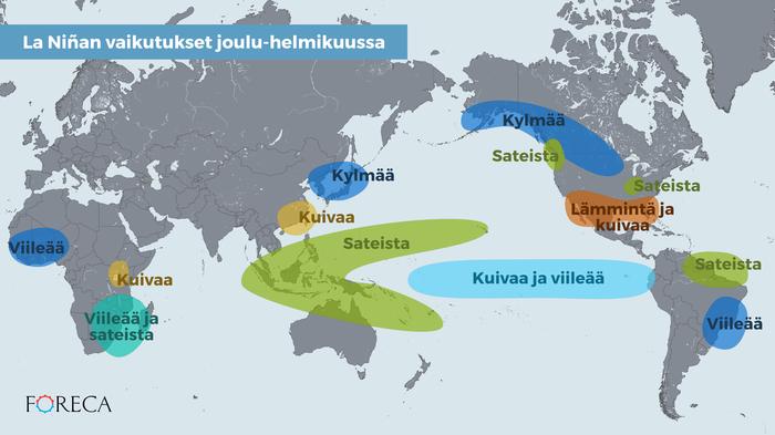 Pohjoisen pallonpuoliskon talvikuukausina La Niña -ilmiöllä on viilentävä vaikutus laajoilla alueilla. Läntisellä Tyynellämerellä sateisuus lisääntyy.