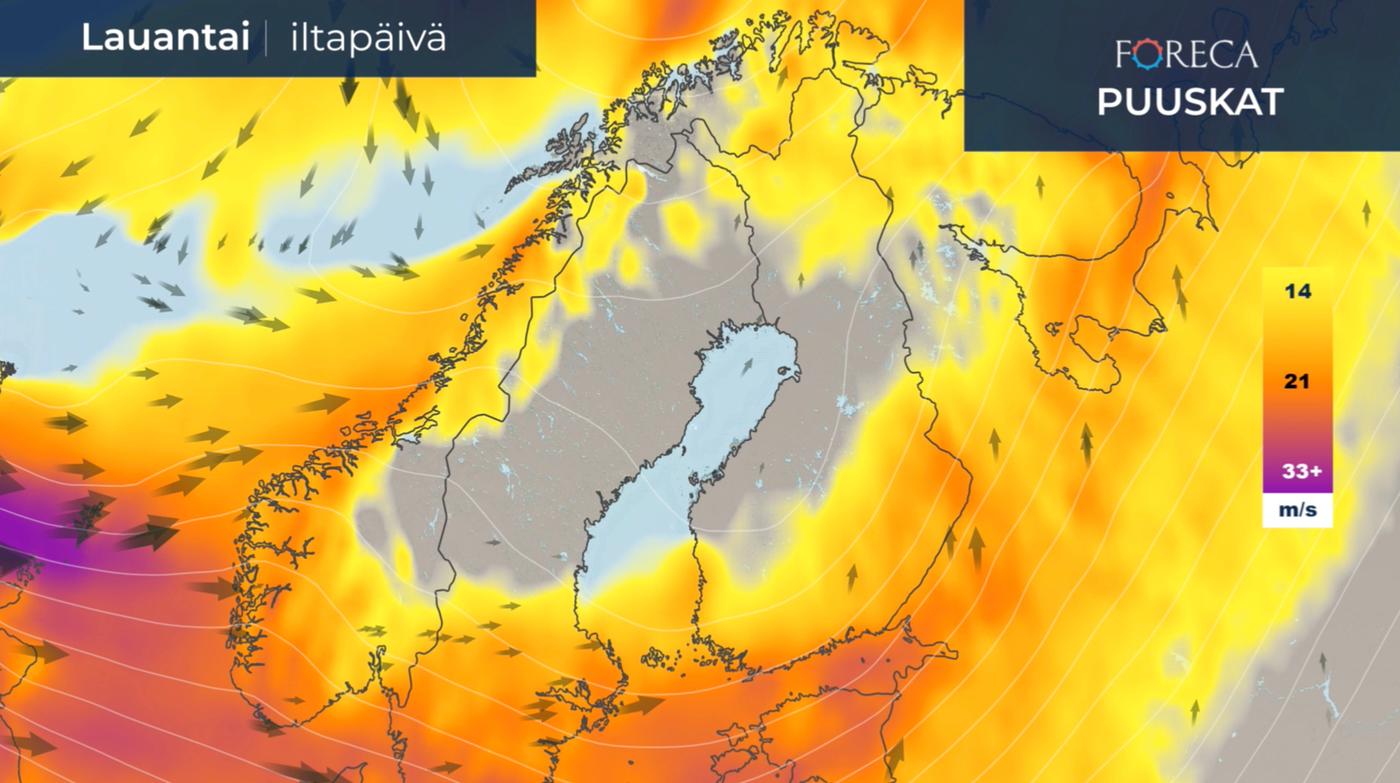 Tuuli on lauantaina 22.2.2020 kovaa eteläisillä merialueilla.