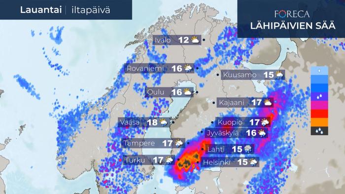 Sää on lauantaina sateinen Varsinais-Suomesta maan itäosaan yltävällä alueella.