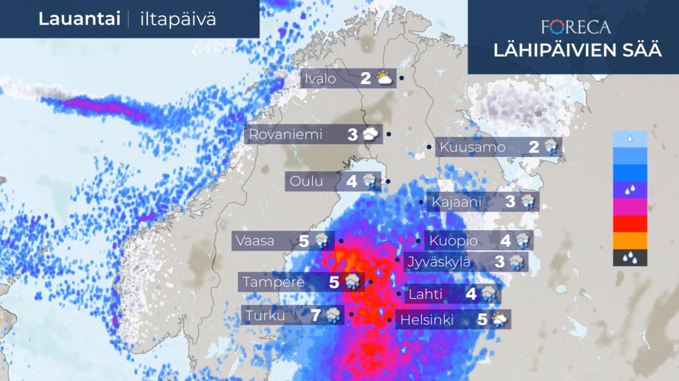 Lauantaina 22.2.2020 lounaasta leviää Suomeen runsaita sateita.