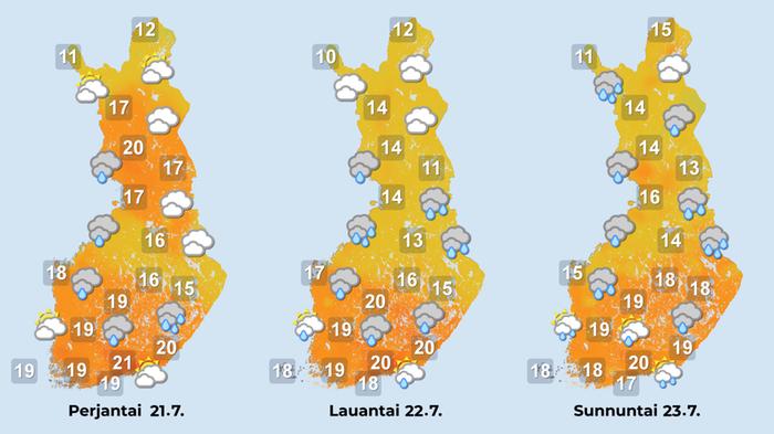 Sääennuste iltapäiville 21.-23. heinäkuuta.