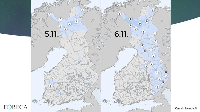 Lumensyvyys 5.11. ja 6.11. Läntisen Suomen 5.11. havainto on todennäköisesti virheellinen. Kuva: Foreca