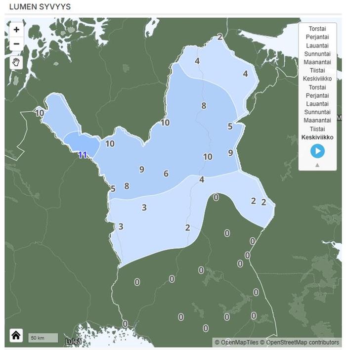 Lumensyvyys Lapissa 22. lokakuuta. Pohjois-Lapissa lumipeite oli 22. lokakuuta jo paikoin 10 sentin paksuinen.
