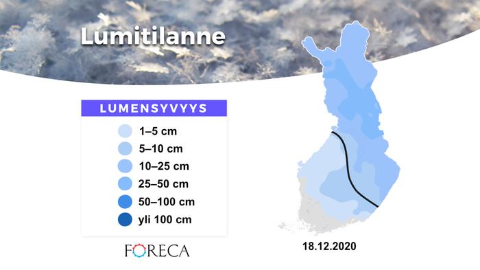 Lumitilanne 18.12.2020. Kartalla olevan mustan viivan eteläpuolella eli alueilla, joilla ei ole vielä lunta tai lumensyvyys on pieni, valkea joulu voi pysyä epävarmana jouluun asti. Viivan pohjoispuolisilla alueilla on todennäköisesti lunta maassa jouluna.