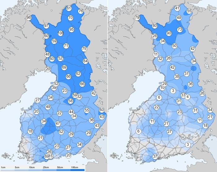 Vasemmalla lumensyvyys Suomessa sunnuntaina 17. huhtikuuta, oikealla sunnuntaina 24. huhtikuuta.