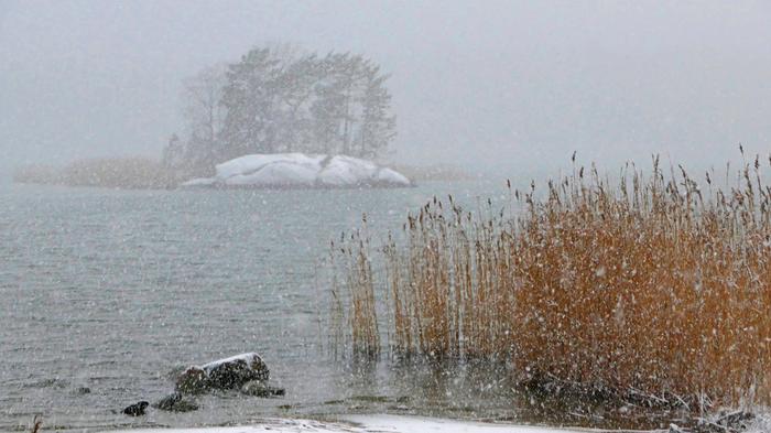 Lumipyry rannikolla Meren rannalla lumikuurot voivat sakeutua entisestään.