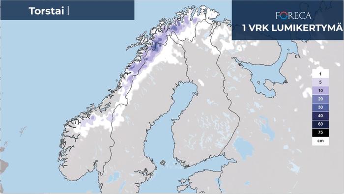 Lumisade-ennuste torstaille 16.10.2025.