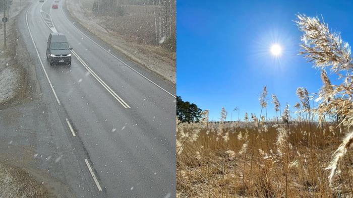 Ennusteissa näkyy sekä lumisadetta että lämpöä. Vasen kuva: Fintraffic, 23.4.2023. Oikea kuva: Juhani Peltonen, Ruissalo, 22.4.2023.