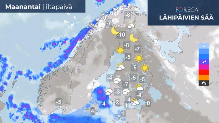 Sadealue leviää illalla läntiseen Suomeen, ja sisämaassa suurin osa sateesta tulee lumena.