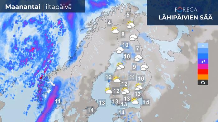 Sääennuste maanantaille 10.10.2022 Heikot sateet painottuvat iltapäivällä Pohjois-Pohjanmaalle ja Etelä-Lappiin.