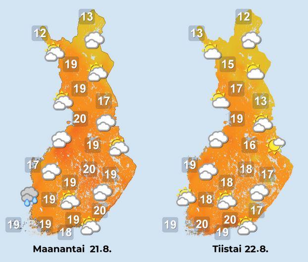 Sääennuste maanantaille ja tiistaille 21.–22.8.2023.