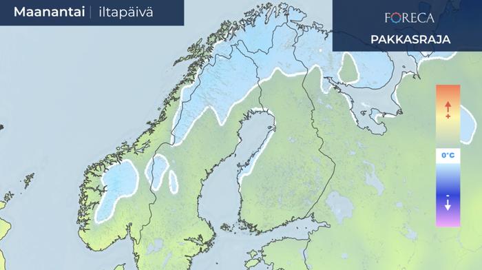 Lämpötilan nollaraja maanantaina.