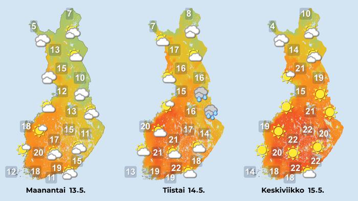 Sääennuste iltapäiville 13.-25.5.2024.