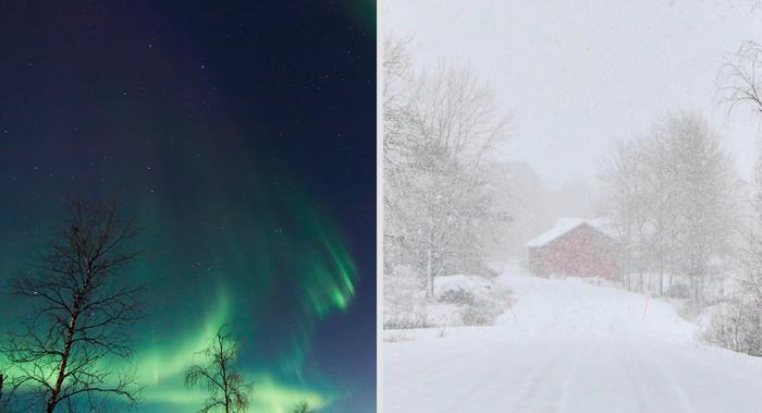 Revontulia ja lumipyryä.