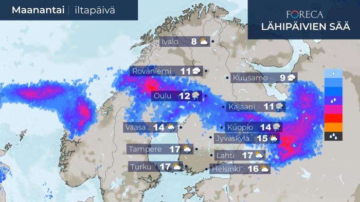Sadealue siirtyy illaksi pohjoiseen ja sää on maan etelä- ja länsiosan aurinkoisilla alueilla vuodenaikaan nähden lämmintä.