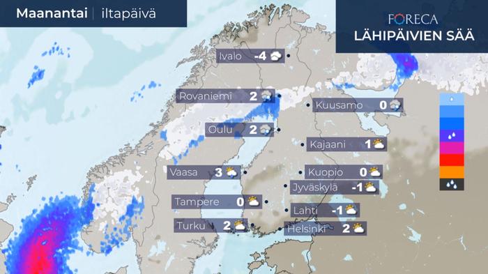 Sää maanantaina 7.12.2020 Kaakosta alkaa levitä kuivempaa ilmaa ja maan etelä- ja keskiosassa selkenee laajalti. Länsirannikolla pilvisyys on kuitenkin ajoittain runsasta.