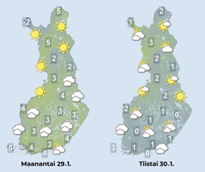 Sääennuste maanantaille ja tiistaille 29.–30.1.2024 Sääennuste maanantaille ja tiistaille 29.–30.1.2024.