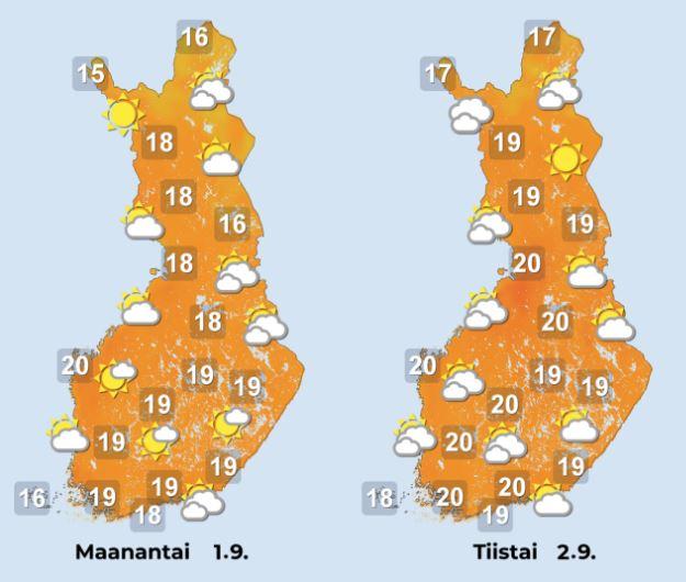 Sääennuste maanantaille ja tiistaille 1.–2.9.2025 Sääennuste maanantaille ja tiistaille 1.–2.9.2025.