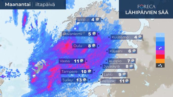 Maanantaina Suomeen työntyy runsaita sateita, jotka tulevat vetenä aina Lappia myöden. Tuuli voi merialueilla yltyä myrskylukemiin. Etelässä sää on jopa poikkeuksellisen lämmintä vuodenaikaan nähden.