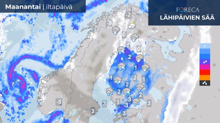 Lounaasta leviää vesi-, lumi- ja räntäsadetta suureen osaan maata.