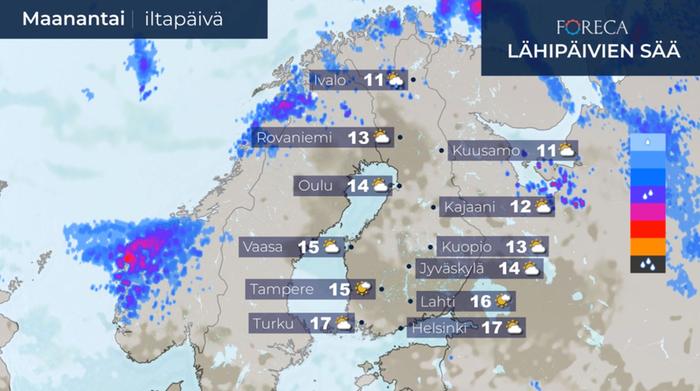 Maanantaina lämpötila voi nousta etelässä paikoin lähelle 18 astetta.