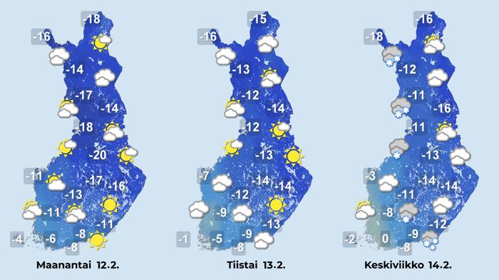 Sääennuste iltapäiville 12.–14. helmikuuta.