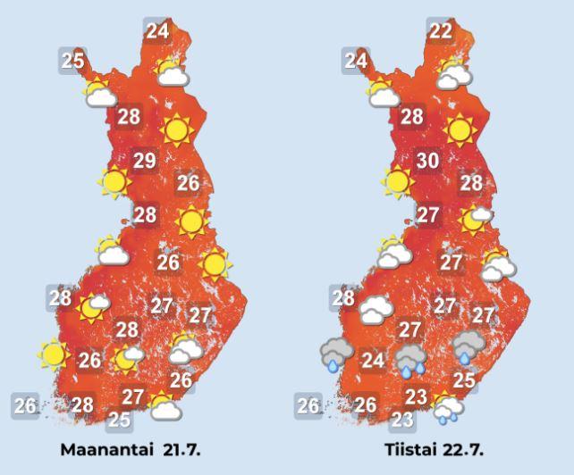 Ennuste maanantaille ja tiistaille 21.–22.7.2025.