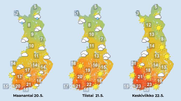 Ennuste maanantaista keskiviikkoon 20.–22.5.2024 Ennuste maanantaista keskiviikkoon 20.–22.5.2024.