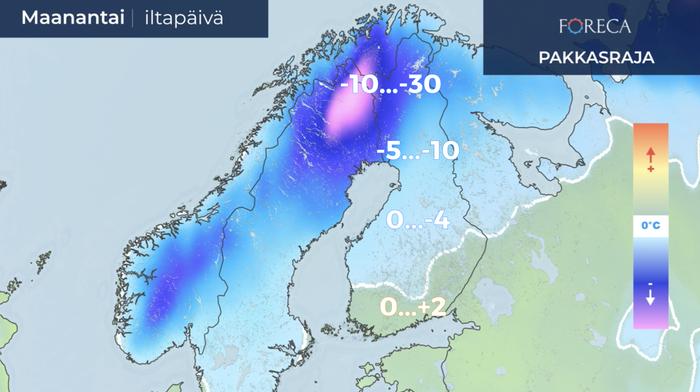 Pakkasraja maanantaina 25.1.2021