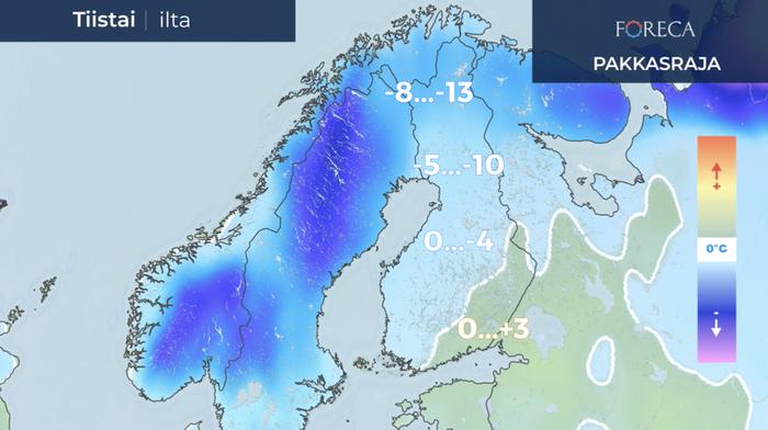 Pakkasraja tiistaina 26.1.2021
