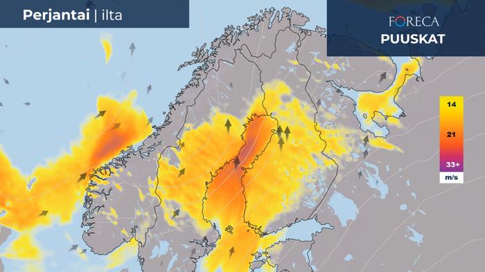 Kovimmat puuskat painottuvat perjantaina illalla maan länsiosaan ja etenkin rannikolle.