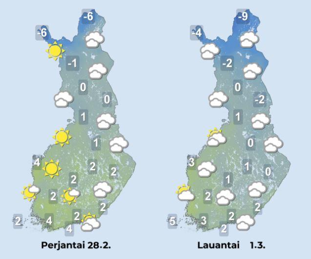 Sääennuste perjantaille ja lauantaille.