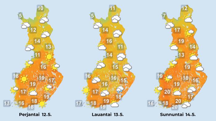 Ennuste 12.–14.5.2023 Ennuste iltapäiville 12.–14.5.2023.