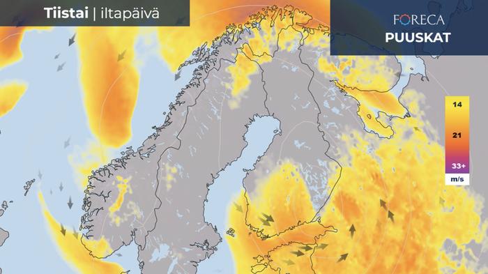 Tuulenpuuskien voimakkuus ennusteen mukaan tiistaina 5.4.2022 Tuulenpuuskien voimakkuus ennusteen mukaan tiistaina 5.4.2022.