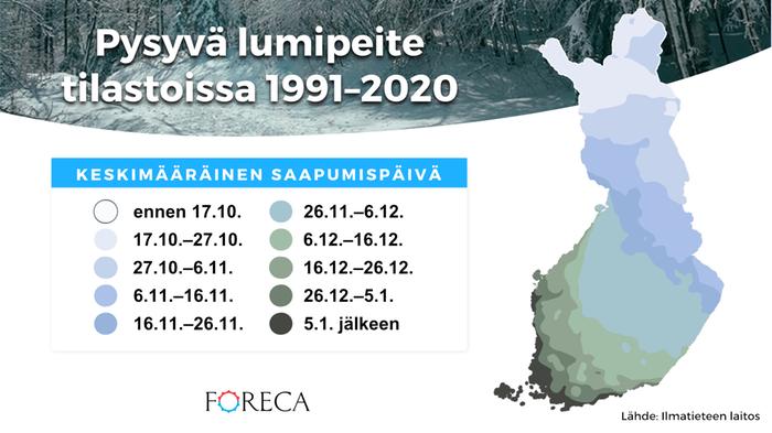 Pysyvän lumipeitteen keskimääräinen saapumisaika tilastoissa 1991–2020.
