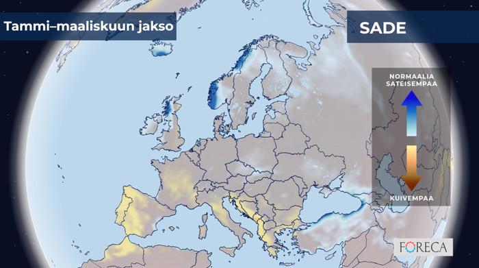 ECMWF:n ennuste sademäärien poikkeamista tammi–maaliskuulle 2026 Eurooppaan. ECMWF:n ennuste sademäärien poikkeamista tammi–maaliskuulle 2026 Eurooppaan.