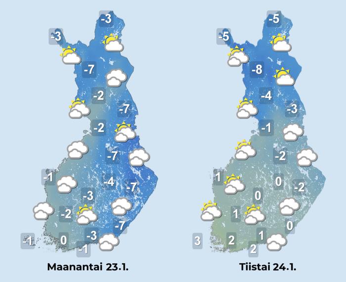 Viikko alkaa pilvipoutaisessa pakkassäässä, tiistaina lauhtuu maan eteläosassa.