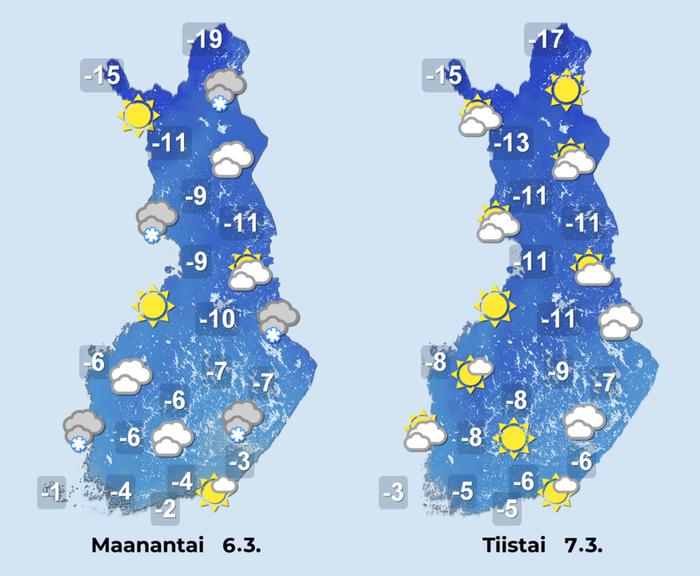 Ennuste 6.-7.3. Alkuviikolla pilvisyys on vaihtelevaa ja paikoin satelee kevyesti lunta.