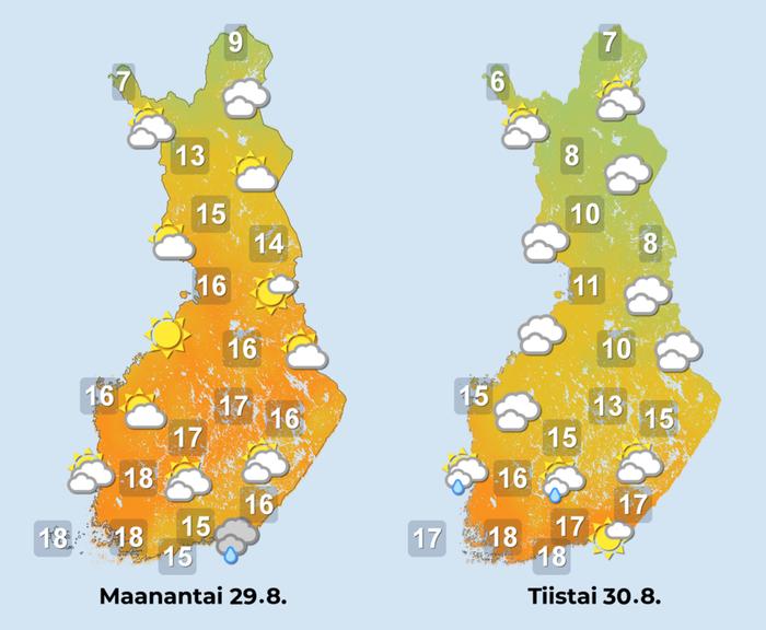 Sääennuste 29.8.–30.8.2022.