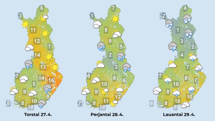 Ennuste 27.–29.4.2023 Ennuste iltapäiville 27.–29.4.2023.