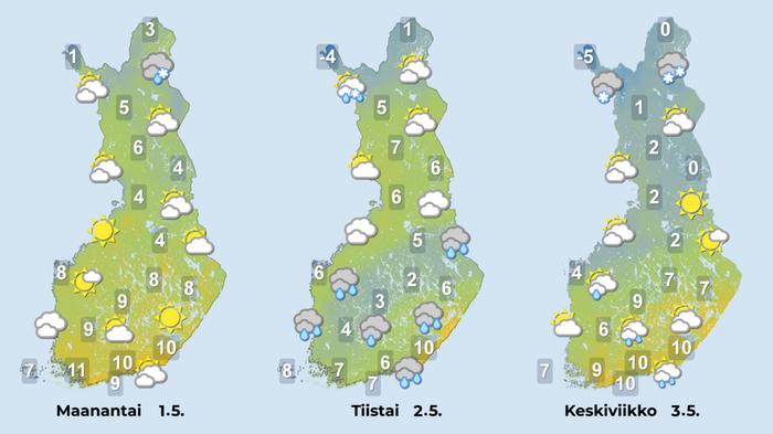 Lähipäivät Aurinkoisen vappupäivän jälkeen säähän tulee täyskäänne. Tiistai on laajalti tuulinen sadepäivä maan etelä- ja keskiosassa. Sekä aamulla että tiistai-iltana osa sateista on maan keskivaiheilla lunta. Pohjois-Karjalassa lumipyry voi olla sakeaa keskiviikkoyönä.