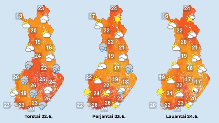 Ennuste 22.–24.6.2023. Ennuste torstaista juhannuspäivään.