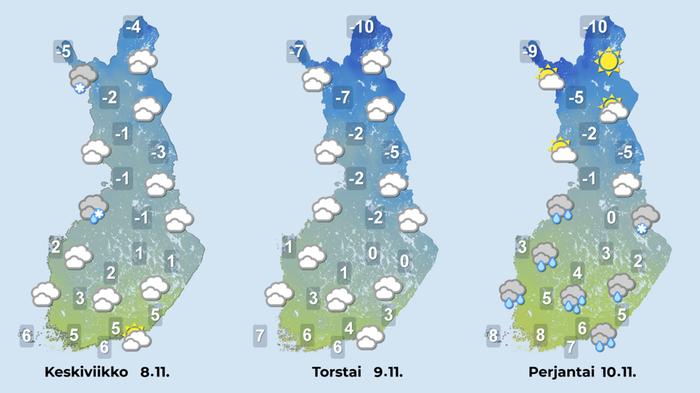 Lähipäivien ennuste Etelässä sää jatkuu lauhana, mutta pohjoiseen virtaa kylmempää ilmaa.